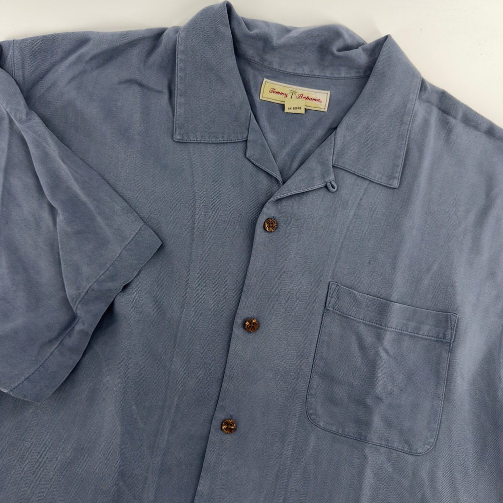 Tommy Bahama Mens Blue Silk Herringbone Short‎ Sleeve Camp Shirt Large